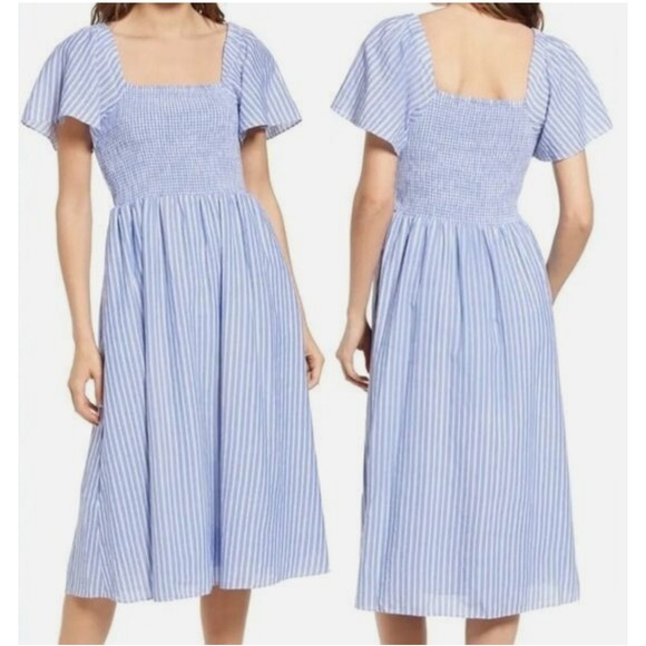 Madewell Dresses & Skirts - Madewell Linen Blend Lucie Smocked Midi Dress Flutter Sleeve Striped Blue Medium